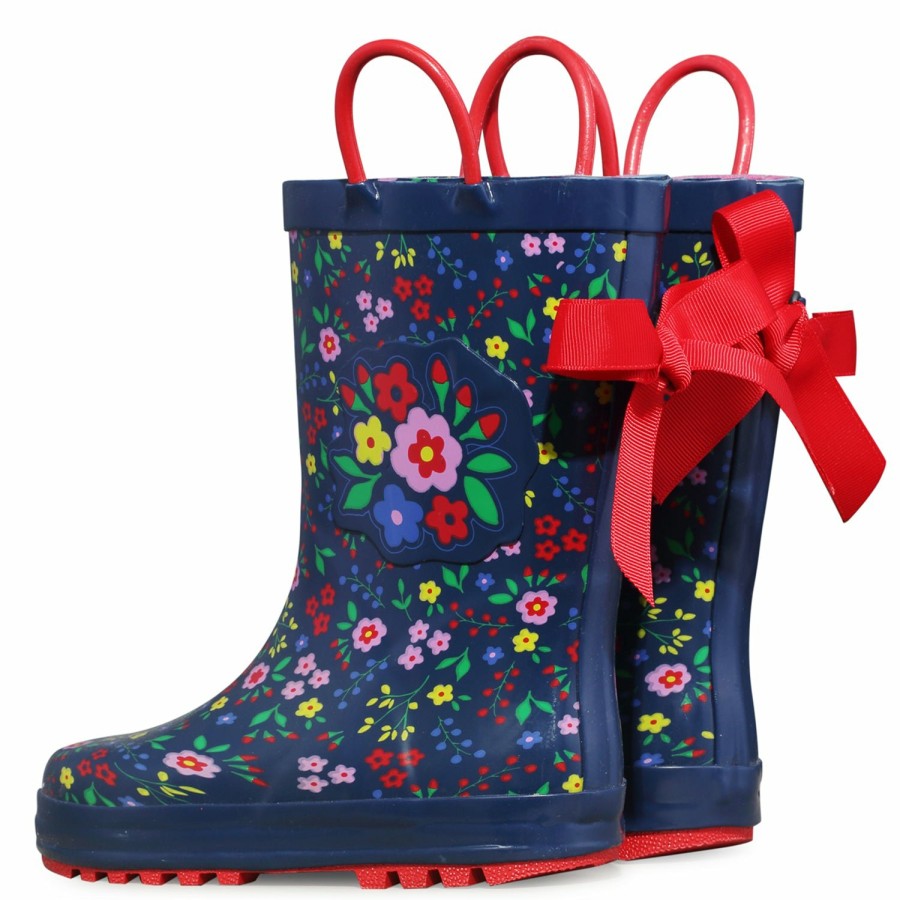 Kids my soft | Floral Print 3D Bow Navy Kids Rain Boots