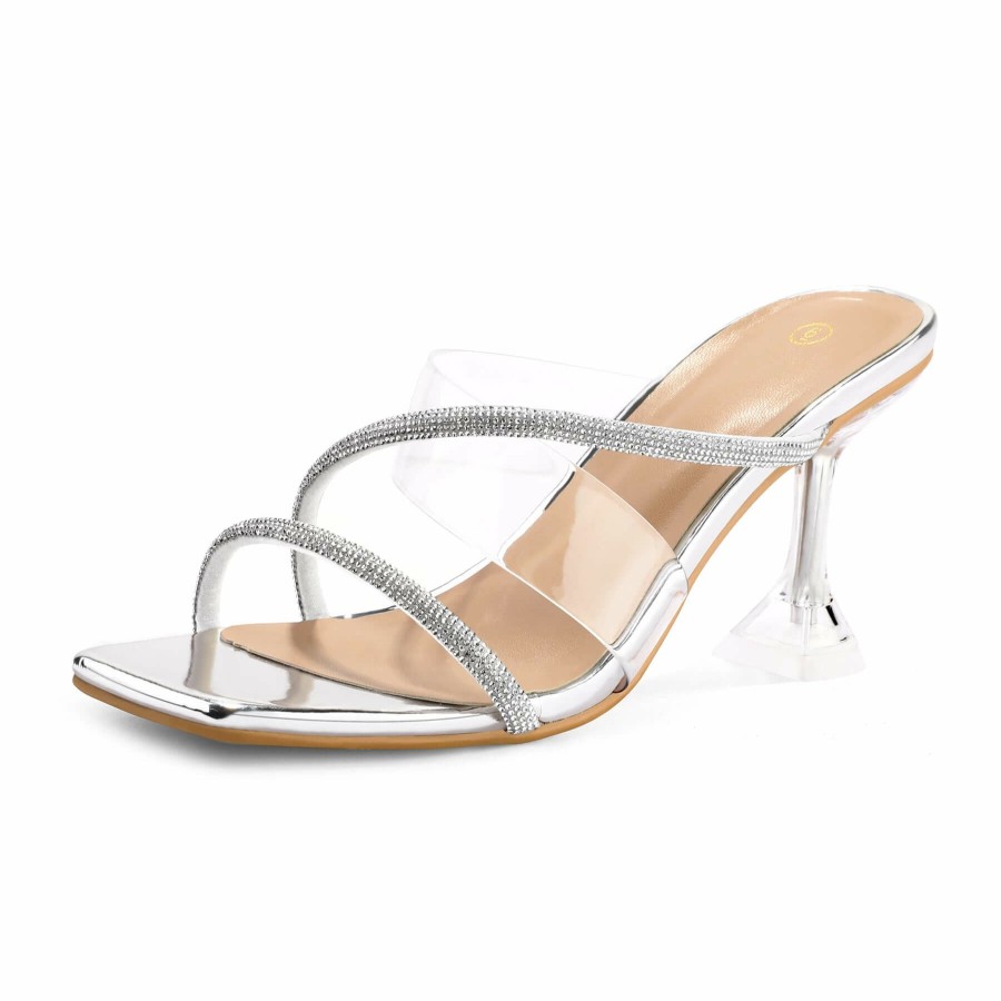 Women my soft Stiletto Heels | Transparent Square Toe Rhinestone Stiletto Sandals