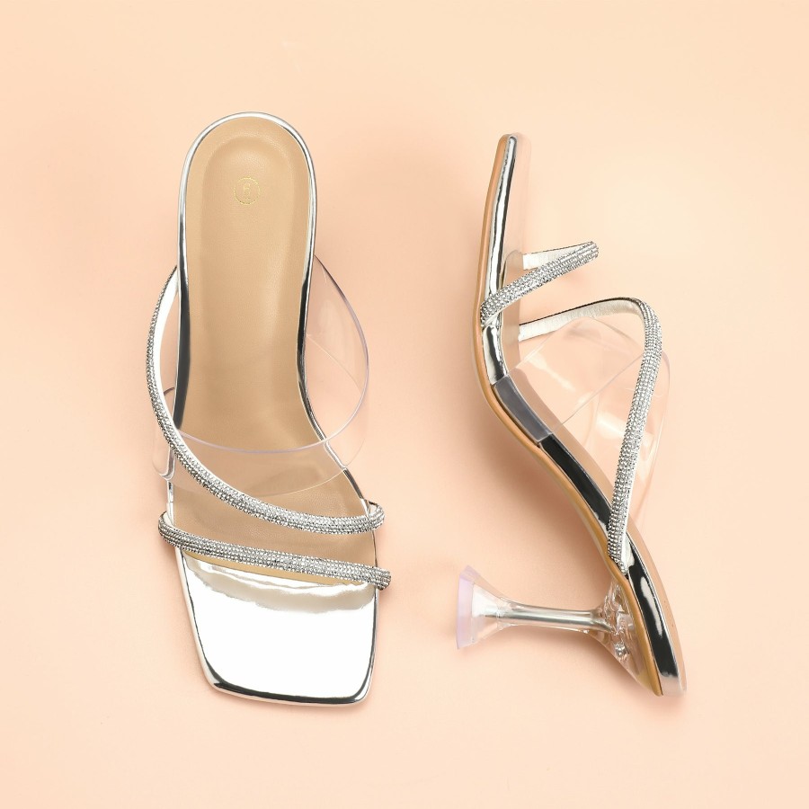 Women my soft Stiletto Heels | Transparent Square Toe Rhinestone Stiletto Sandals