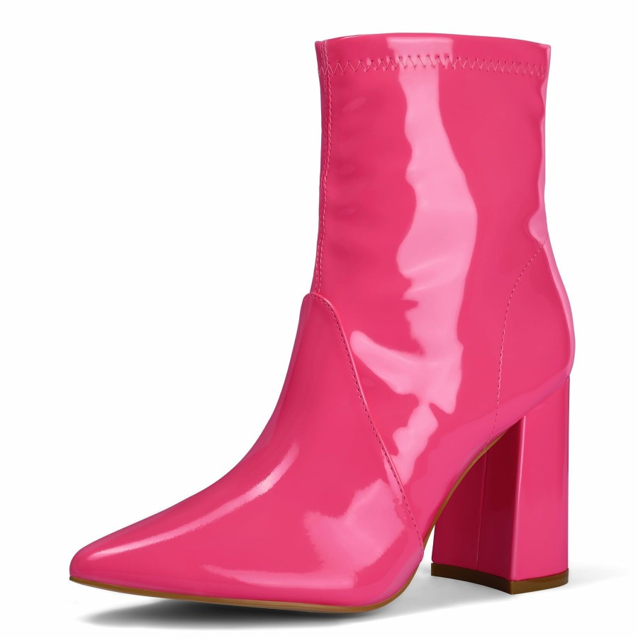 Women my soft Heeled Boots | Patent Leather Pointed Toe Block Heel Boots Bright Color