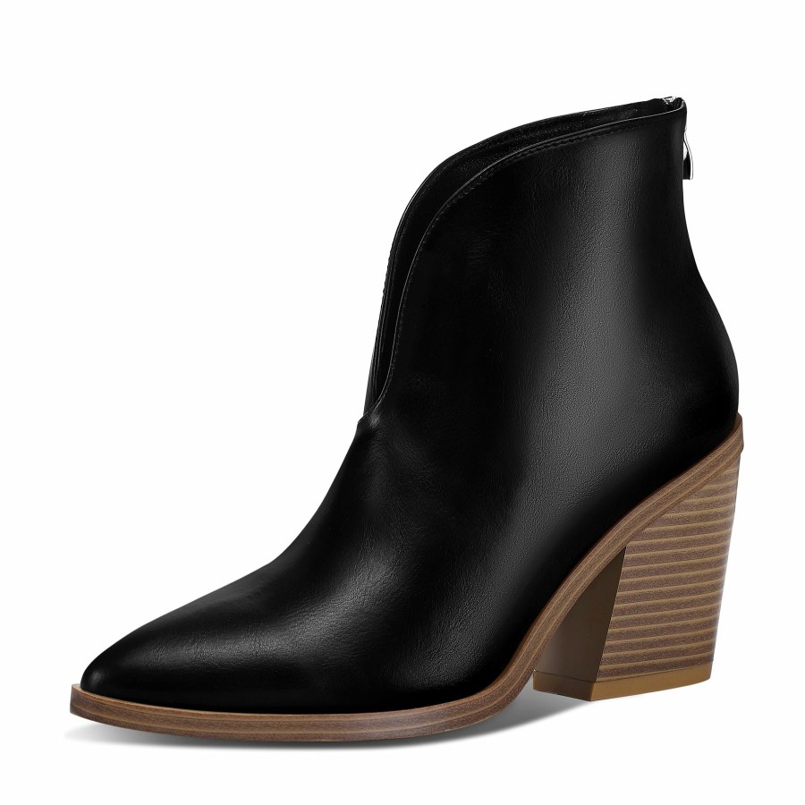 Women my soft Heeled Boots | V Cut Out Leather Chunky Heel Boots