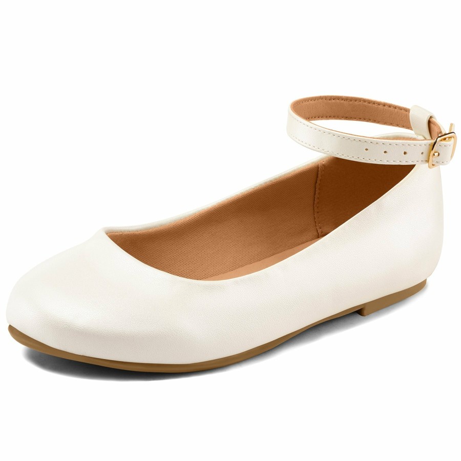 Kids my soft | Kids Dress Shoes-White Leather Ankle Strap Ballet Flats