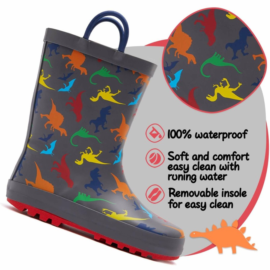 Kids my soft | Colorful Dinosaur Print Kids Rain Boots- Gray