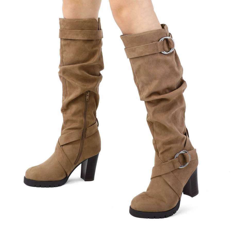 Women my soft Heeled Boots | Round Buckle Side Zip 4" Heel Knee Boots