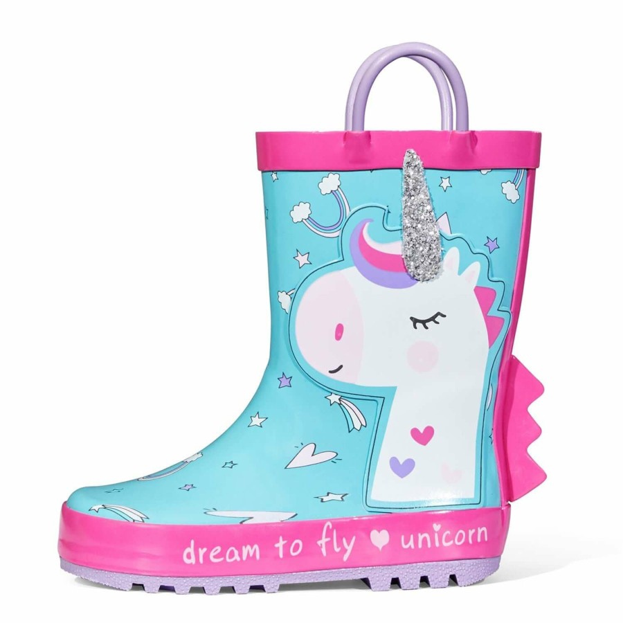 Kids my soft | White Unicorn Purple Handle Cyan Rubber Rain Boots