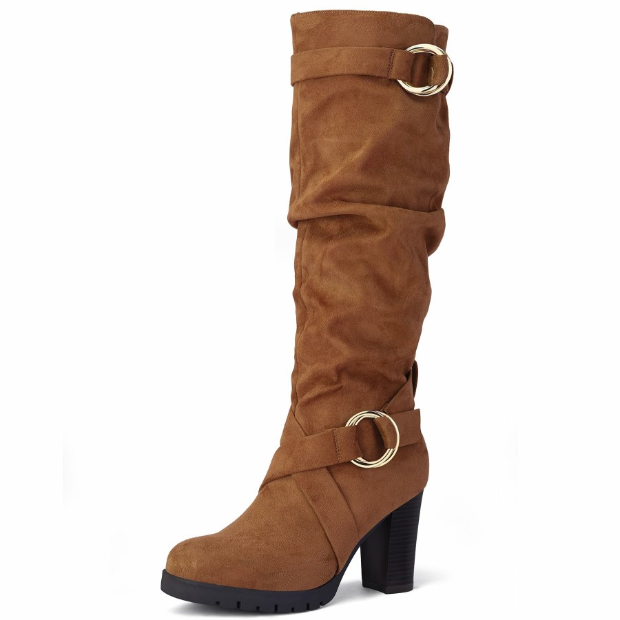 Women my soft Knee High Boots | Round Buckle Stacked Knee High Boots With Side Zippers