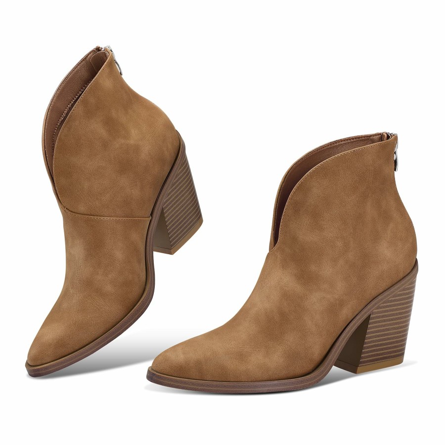 Women my soft Heeled Boots | V Cut Out Stacked Heel Ankle Boots