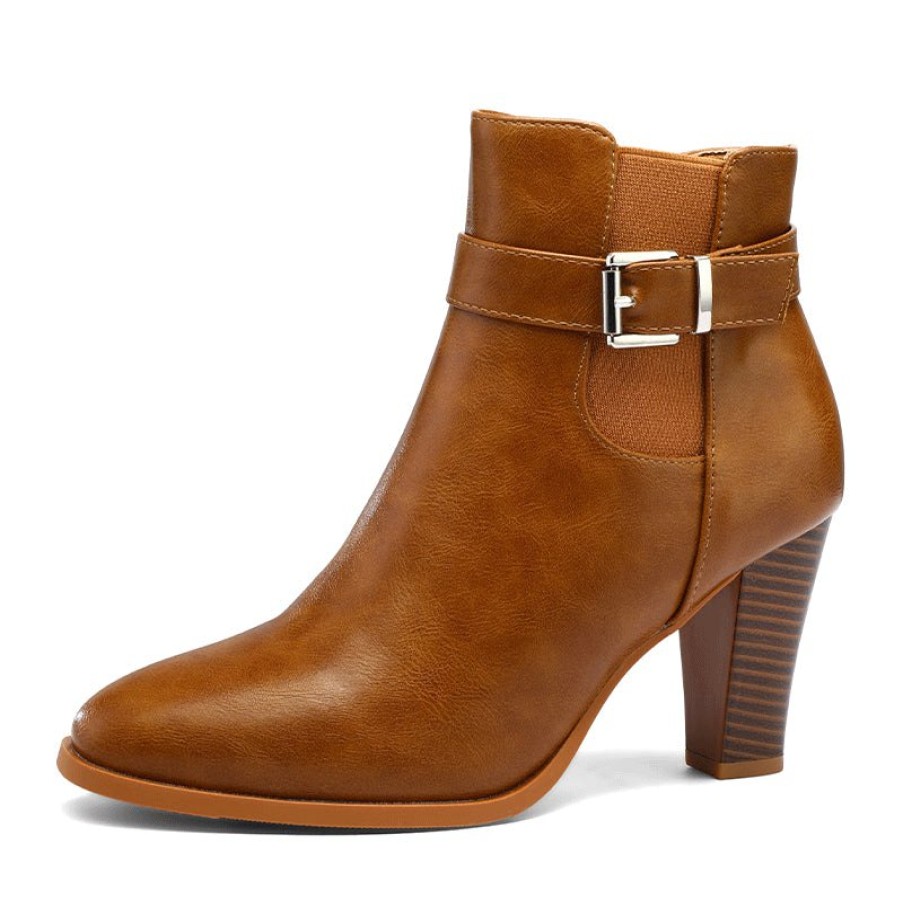 Women my soft Heeled Boots | Side Zip Adjustable Buckle Stack Heel Ankle Boots