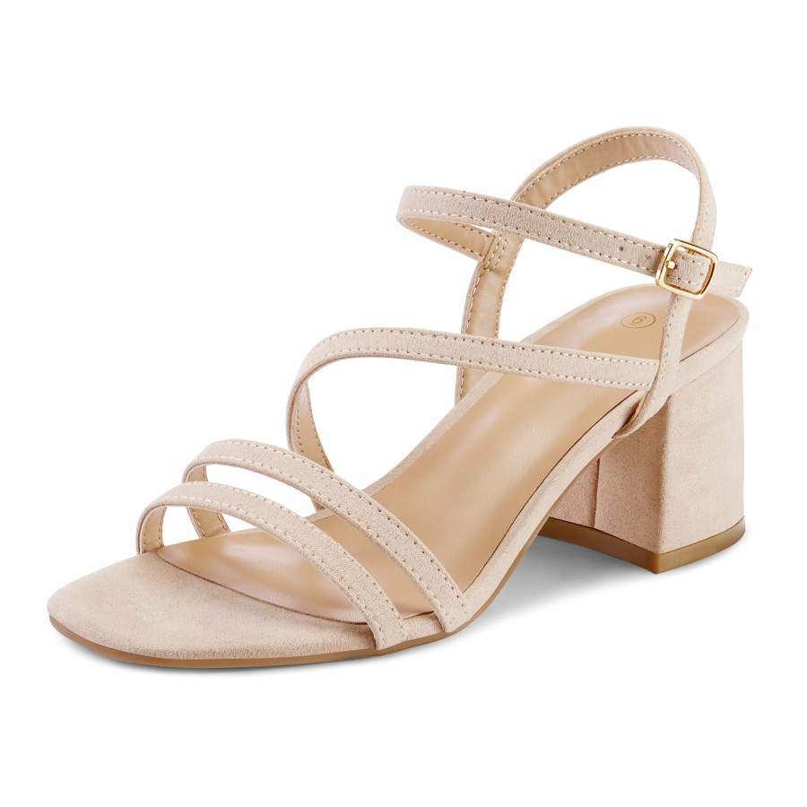 Women my soft Dress Heels | Asymmetric Strap Square Toe Block Heel Sandals Nude