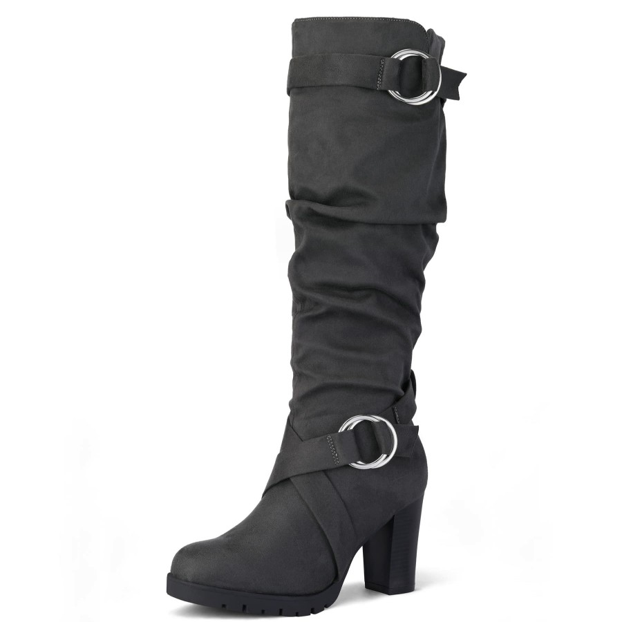 Women my soft Heeled Boots | Round Buckle Side Zip 4" Heel Knee Boots