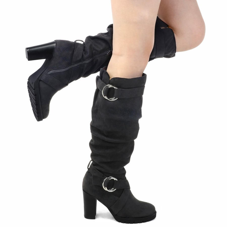 Women my soft Heeled Boots | Round Buckle Side Zip 4" Heel Knee Boots