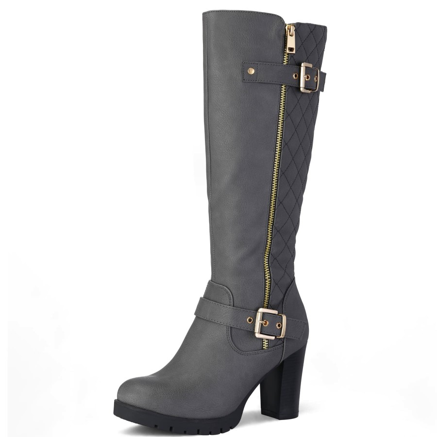 Women my soft Heeled Boots | Side Zip Metal Buckle Knee High Boots